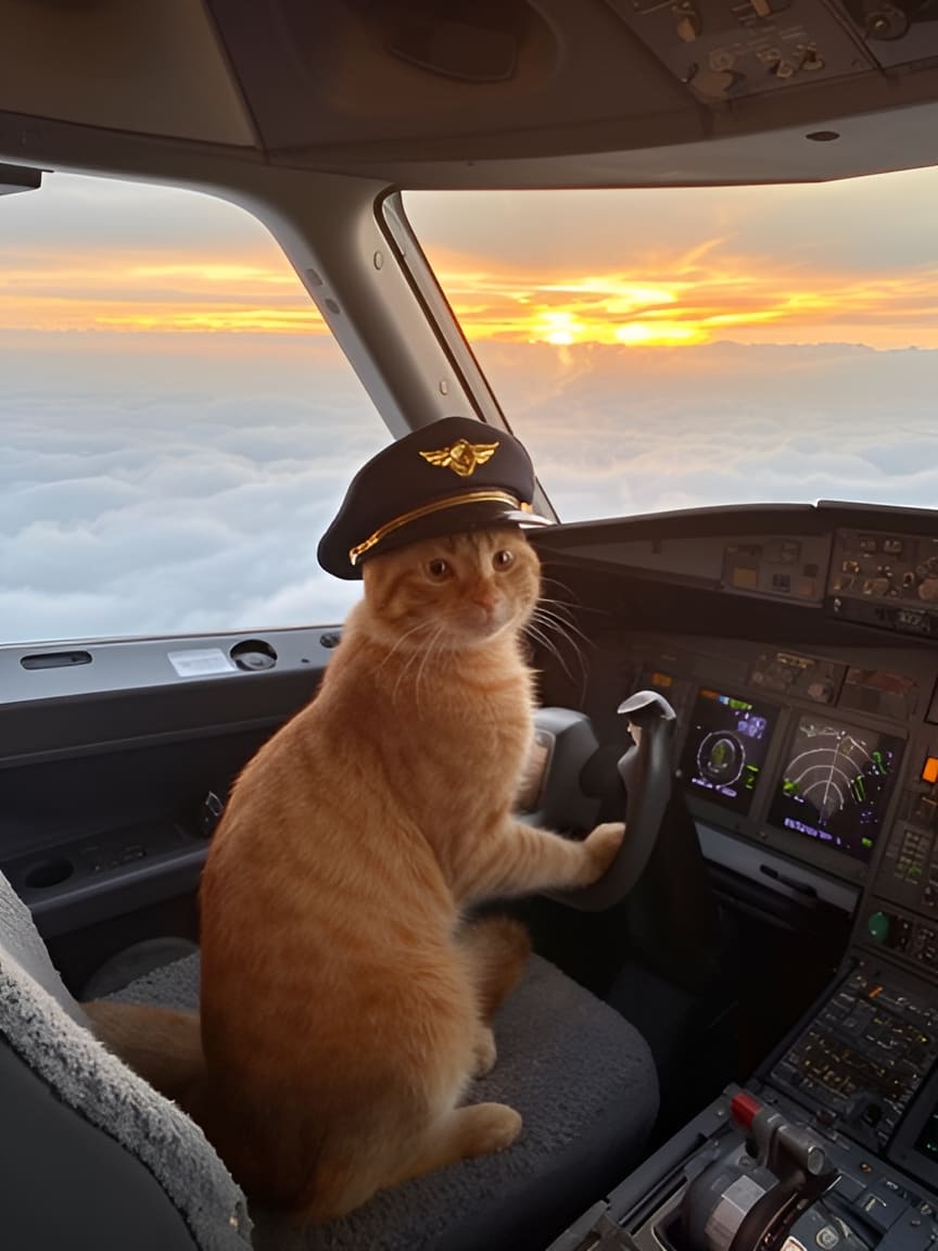 Un chat roux en casquette de pilote aux commandes d'un avion